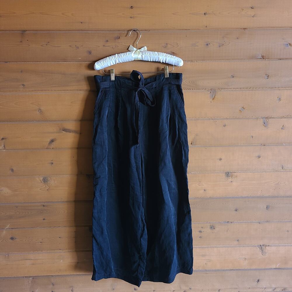 Anthropologie Pant Sancia Marla Linen Wide Leg Noir Black Large Tie Bow Beachy - Picture 2 of 8